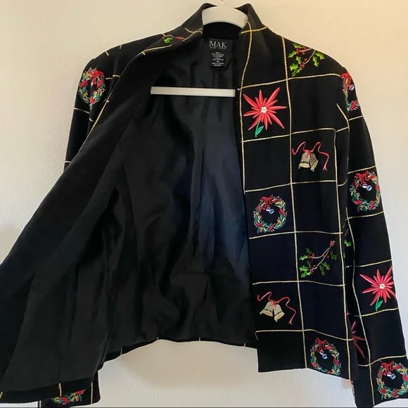 Vintage Christmas Holiday Embroidered Black Open Jacket - Picture 4 of 5